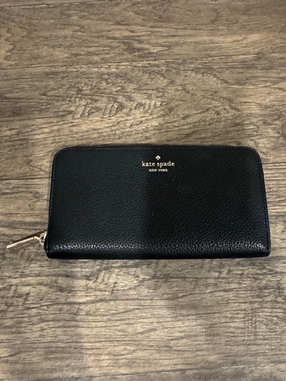 kate spade Black Pebbled Leather Zip Wallet with Gold Logo